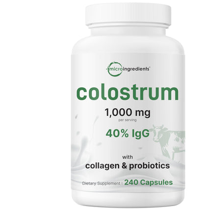 Micro Ingredients Bovine Colostrum 1,000 mg Per Serving, 240 Capsules | 40% IgG with Collagen & Probiotics | Colostrum Supplement with 10 Probiotic Strains | Non-GMO, Gluten Free