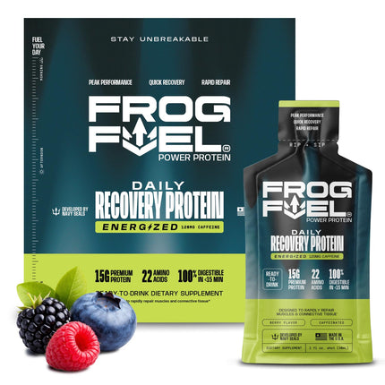 Frog Fuel Power Energized Complete Protein Shot, 15g, Nano Hydrolyzed & Grass Fed, 80mg Caffeine, Gluten Free, Fat & Sugar Free, 22 Amino Acids, 0 Carbs, Berry, 1 oz Packets, 24 Pack