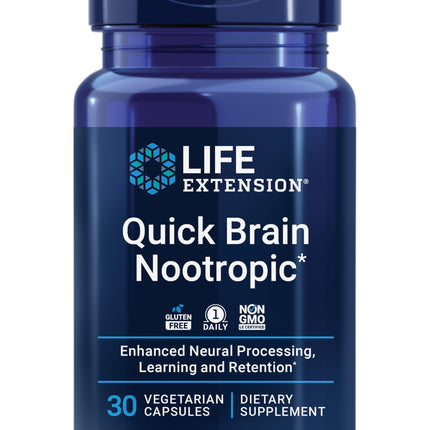 Life Extension Quick Brain Nootropic, Fast Thinking, Learning, Concentration, Lutein, zeaxanthin, gotu kola, bacopa, Gluten Free, Non-GMO, Vegetarian, 1 Daily, 30 Capsules