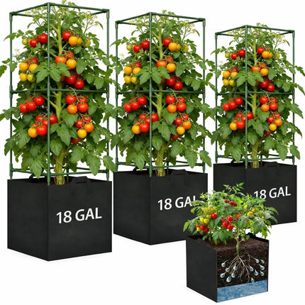 Tomato Cages for Garden, Tomato Planter with Trellis, 48in Tall Square Tomato Trellis with 18 Gallon Grow Bags, Patio & Balcony, Metal Tomato Cage for Tomatoes Cucumbers Peas Climbing Plants, 3 Pack