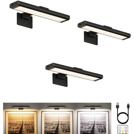 EZVALO Picture Light for Wall, Rechargeable 2400mAh Lights Wireless with IR Remote, 3 Color & Dimmable Magnetic 7.8'' LED Lights Display for Painting, Living Room, Gallery, Bedroom(Black-3P)