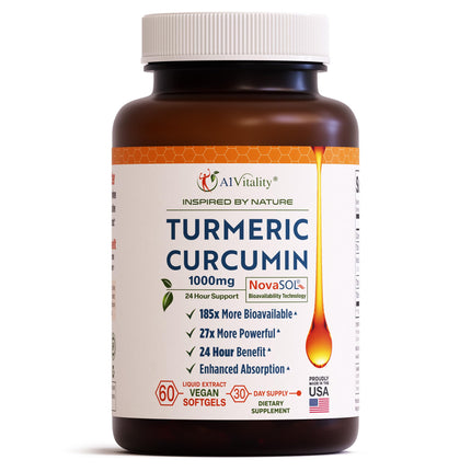 A1Vitality Vegan Turmeric Curcumin NovaSOL 1000mg - Nature's Joint Support Supplements - 185x Bioavailable Than Standard Curcumin - Natural Carrageenan Softgels (Vegan)