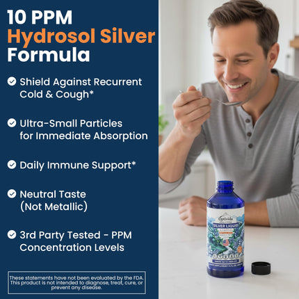Optivida Colloidal Silver Liquid - 10 PPM Liquid Silver Immune Support, Pure Nano Silver Hydrosol Liquid for Family Wellness - Natural Silver Water for Adults & Kids, Non-GMO, 3rd Party Tested - 16 Oz