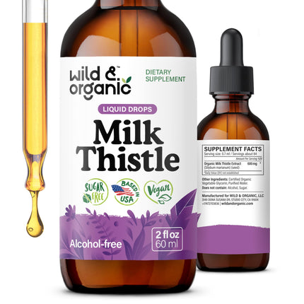 Wild & Organic Milk Thistle Extract Drops - Liver Cleanse Support - Milk Thistle Liver Detox Tincture - Liquid Silymarin Supplement - Add to Tea - Silybum Marianum Seeds - Sugar & Alcohol-Free - 2 oz