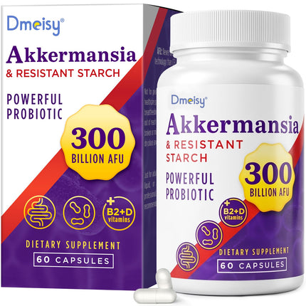 Akkermansia Supplement - 300 Billion AFU Akkermansia Muciniphila, Akkermansia Probiotic for Women & Men, for Boost , Digestive, Gut, Immunity, Enhances Gut Lining Function & Intestinal Walls, 60 Count