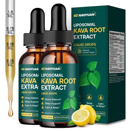 GZ HAOYUAN Kava Kava Liquid for Calming & Relaxation – Liposomal Kava Root Extract Supplement with GABA, Ashwagandha & Magnesium - Support Mood & Better Sleep, Vegan Kava Drops Lemon 2 Fl Oz 2 Pack