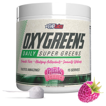 EHP Labs OxyGreens Super Greens Powder with Spirulina & Chlorella, Prebiotic Fiber, Probiotics & Digestive Enzymes – Antioxidant Green Superfood Supplement - 15 Serves (Pink Berry)