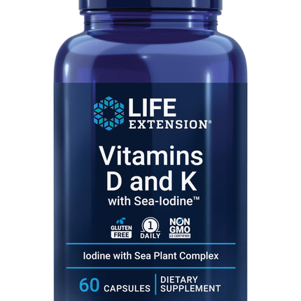 Life Extension Vitamins D and K with Sea-Iodine, Vitamin D3, Vitamin K1 and K2, Iodine, Supports Immune, Bone, arterial and Thyroid Health, Non-GMO, Gluten-Free, 60 Capsules