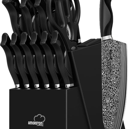 Knife Set, 15 Pieces Kitchen Knife Set with Built in Sharpener, High Carbon German Stainless Steel Knife Block Set, Dishwasher Safe, Fathers Day Gift for Men