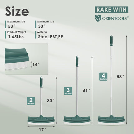ORIENTOOLS Artificial Turf Rake, Curved Grass Rake with 4-Section Adjustable Steel Handle from 30" to 53", Hand Telescopic Brush, for Artificial Turf, Patios, Carpets, Pet Hairs and Garden Lawn Clean