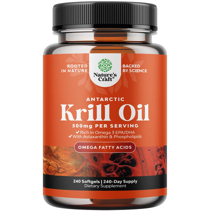 Antarctic Krill Oil Softgels - Omega 3 Krill Oil Supplement with EPA DHA & Astaxanthin for Brain & Healthy Heart Health - No Gluten GMOs or Fishy Aftertaste - 240 Count