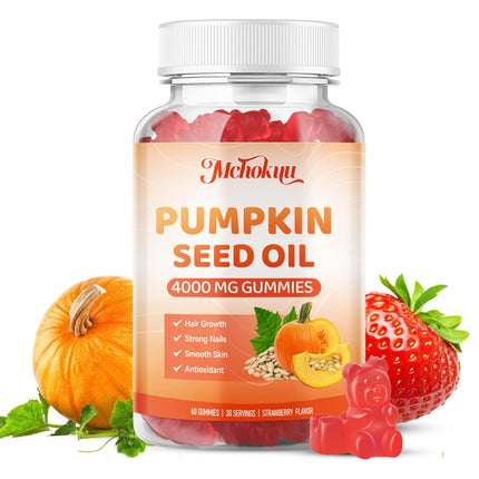 Mchokuu Pumpkin Seed Oil Supplement Gummies with Saw Palmetto for Hair Growth & Skin Health Support, High Pure Extract for Women & Men Extra Strength Pumpkin Seed, Strawberry Flavor, 60 Count