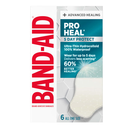 BAND-AID Brand Pro Heal 5 Day Protect, Ultra-Thin Hydrocolloid 100% Waterproof First Aid Adhesive Bandages for Advanced Healing and Less Scarring Versus Uncovered Wound, Large Size, 6 ct