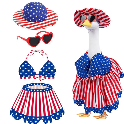 Aposwow 4th of July Porch Goose Outfit, USA Patriotic Goose Costume with Swimsuit Hat Sunglasses Lawn Art, 250th Anniversary Outfits for 23" Garden Geese Statue Garden Decoration