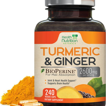 Turmeric Curcumin Supplement - 2000mg Organic Turmeric & 400mg Organic Ginger per Serving - 95% Curcuminoids & BioPerine Black Pepper for Best Absorption & Joint Support, Bottled in USA - 240 Capsules