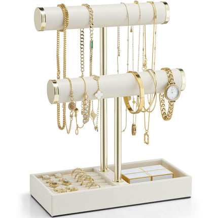 VLANDO 2 Tier Bracelet Holder Organizer with Tray - Leather Jewelry Stand Organizer for Women - Jewelry Holder Display for Necklace, Watches, Rings, Earrings, Bangle, Scrunchie - Cloud White