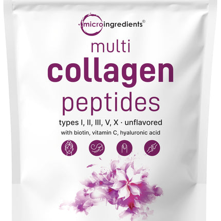 Micro Ingredients Multi Collagen Peptides Powder, 8oz – Hydrolyzed Type I,II,III,V,X with Biotin, Hyaluronic Acid, Vitamin C – Unflavored Collagen for Women & Men, Easy Dissolve, 20 Servings