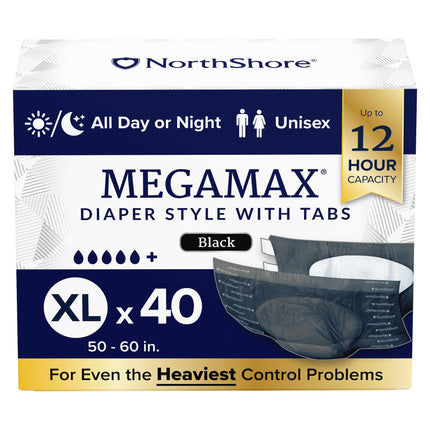 NorthShore MegaMax 12-Hour HBL Adult Diapers for Heavy Bladder Leaks, X-Large, 40 Count, Black, 50-60 inches, Tab-Style Incontinence Underwear for Men, Women & Teens