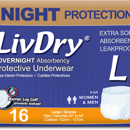 LivDry Adult Diapers Large Incontinence Underwear, Overnight, Leak Protection, 16-Pack