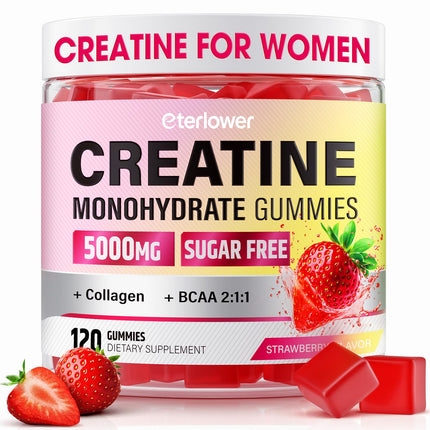 Creatine Gummies for Women + Collagen + BCAAs, Sugar Free Creatine Monohydrate Gummies for Booty, Lean Muscles, Energy, Gomitas de Creatina para Mujer, Post & Pre Workout, 120 Ct, Strawberry Flavor