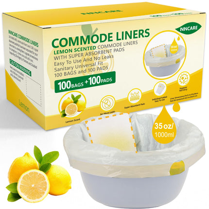 ININCARE Commode Liners with Absorbent Pads for Bedside Commode, 100 Lemon Scented Bedside Commode Liners and 100 Commode Pads, Commode Toilet ＆ Camping Toilet Bags