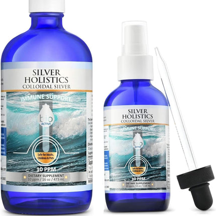 Silver Holistics Colloidal Silver Liquid Bundle – Includes 4 oz Glass Spray Bottle & 16 oz Glass Refill Solution w/Free Dropper - 10 ppm Immune Support Supplement for Children, Adults, & Pets