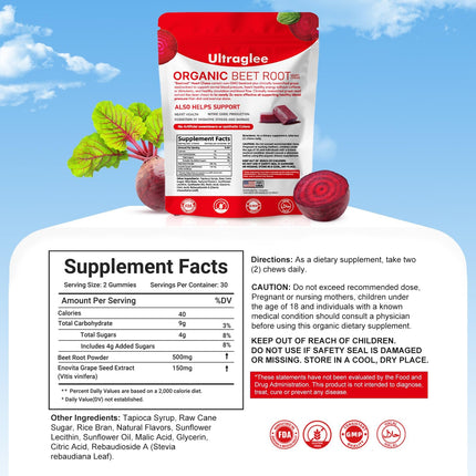 Ultraglee Beet Chews,Beetsroot Heart, Nitric Oxide Support Soft Beets Heart Chews,Grape Seed Extract &Beet Root Powder Energy Supplement,60 (Pomegranate Berry Flavor)