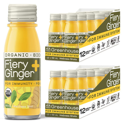 Greenhouse Juice Organic Fiery Ginger Wellness Shots 24-Count 60ml Glass Bottles | Vegan & Gluten-Free