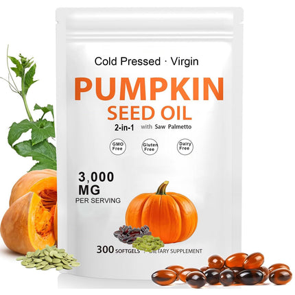 Pumpkin Seed Oil Capsules with Saw Palmetto, Cold Pressed, Essential Fatty Acids for Bladder & Prostate & Urinary Health, Promoting Hair Growth, Skin Elasticity, Non-GMO and Gluten Free, 300 Softgels