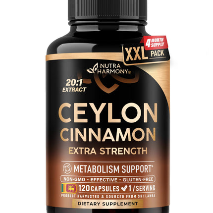 Ceylon Cinnamon Capsules - Extra Strength - Energy, Heart & Metabolism Support - for Men & Women - Pure Natural Extract 20:1 Supplement - Made in USA - GMO & Gluten Free, 120 Capsules, 4 Month Supply