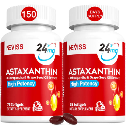 Astaxanthin Supplements 24mg, 5 Month Supply - Coconut MCT Oil, Fresh Microalgae Source w/Grape Seed Oil, Ashwagandha - Antioxidants for Healthy Skin, Eyes, Aging - Non-GMO & Gluten Free, 150 Softgels