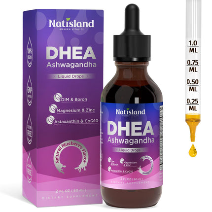 NATISLAND DHEA Supplement for Women and Men, 25 mg / 50 mg Adjustable DHEA Liquid Drops with Ashwagandha, DIM, Boron, Magnesium, Zinc, Astaxanthin, Blueberry Flavor, 2 FL OZ