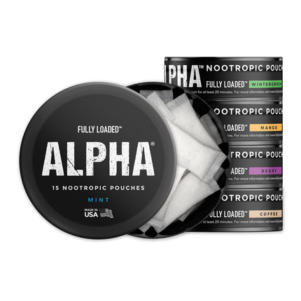 Fully Loaded Alpha Nootropic Pouches Variety Pack - 5 Cans - 75 Total Pouches (15 per Can) - Effective Nootropic Delivery, Nicotine Pouch Replacement - Faster Absorption, Alpha GPC, L-Tyrosine, GABA