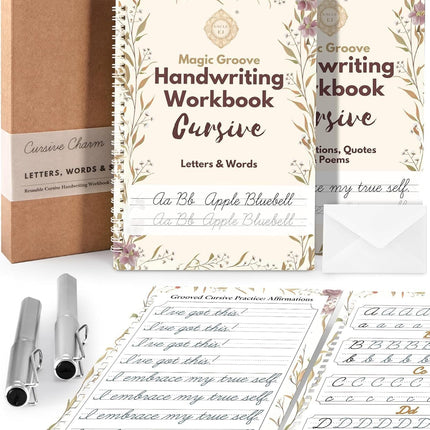 UNCLE EJ® Grooved Cursive Handwriting Workbook Kit - Reusable Cursive Workbook for Kids 8-12 and Adults, Magic Grooved Handwriting Practice, Letters Words Poetry & Affirmations, Cursive Charm, 9.8"x7"