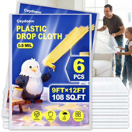 Ceydoew 6 Pack Plastic Drop Cloths for Painting 9x12ft - Disposable Premium Plastic Tarp for Painting, Lightweight Drop Cloth for Painting for Furniture & Floor Protection