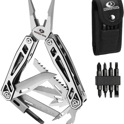 MOSSY OAK Multitool, 21-in-1 Stainless Steel Pocket Knife with Screwdriver Sleeve, Self-locking Pliers with Sheath-Perfect for Outdoor, Survival, Camping, Hiking, Simple Repair