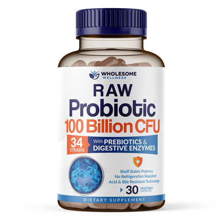 Wholesome Wellness Organic Raw Probiotics 100 Billion CFU, Dr Formulated for Women and Men, Complete Adult Supplement with Prebiotics and Digestive Enzymes; 30 Capsules, Shelf Stable