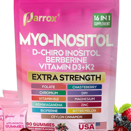 Myo-Inositol & D-Chiro Inositol Gummies with Berberine, Vitamins D3+K2, B12, Folate, Zinc, Magnesium, Ashwagandha, Chasteberry, Bioperine, DIM - 16 in 1 Supplement - Mixed Berry Flavor - 90 Gummies