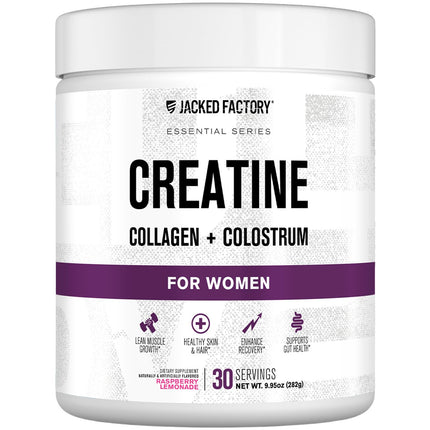 Jacked Factory Creatine for Women - Creatine Monohydrate with Collagen + Colostrum to Support Workout Performance, Lean Muscle Growth, Healthy Hair, Skin, & Nails - 30 Servings, Raspberry Lemonade