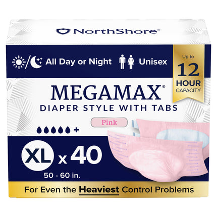 NorthShore MegaMax 12-Hour HBL Adult Diapers for Heavy Bladder Leaks, X-Large, 40 Count, Pink, 50-60 inches, Tab-Style Incontinence Underwear for Men, Women & Teens