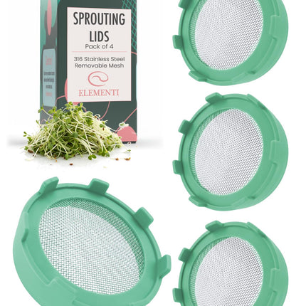 Elementi Sprouting Lids for Wide Mouth Mason Jars (Set of 4), Sprouting Jar Kit for Organic Sprouts, Alfalfa & Mung Bean Sprouts Grow Kit, 316 Stainless Steel Mesh Screen Strainer Lid (Mint Green)