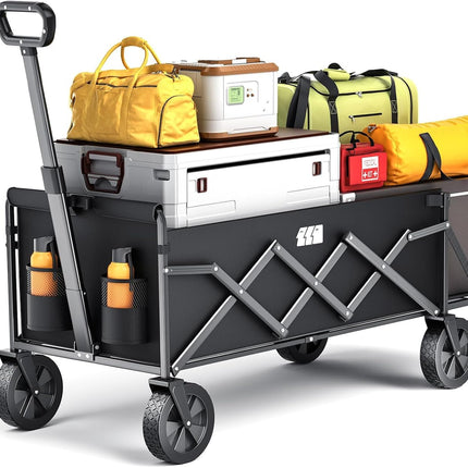 TANSTRIDER Collapsible Wagons Carts Foldable with Extended Tailgate, Folding Wagon Cart on Wheels, Portable Heavy Duty Shopping Carts for Groceries, Apartment, Garden, Camping, Sports,Outdoor (Black)