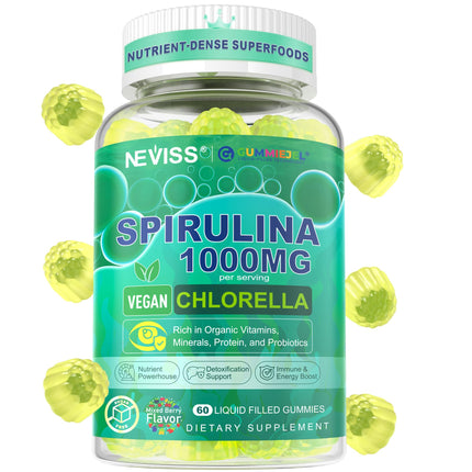 NEVISS Spirulina & Chlorella Gummies, Multivitamin + Probiotic + Super Greens Superfood, Rich in Antioxidants, Chlorophyll, Protein, Essential Amino Acids for Cellular, Energy, Immunity & Eye, 60 Cts