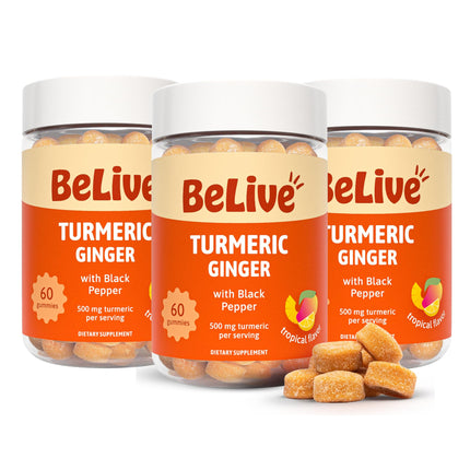 BeLive Turmeric and Ginger Gummies - 500mg - Joint and Mobility Support Supplement - Curcumin with Black Pepper for Enhanced Absorption - Tropical Flavor - 3 Pack, 180 Count