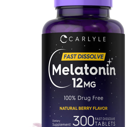 Carlyle Melatonin 12 mg Fast Dissolve 300 Tablets | Drug Free | Natural Berry Flavor | Vegetarian, Non-GMO, Gluten Free