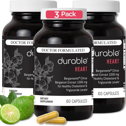 Durable Heart Bergamonte Citrus Bergamot 1000mg + Olive Leaf and Vitamin C Healthy-Cardiovascular Formula for Rate and Pressure, Healthy Cholesterol Pills, Vegan, Non-GMO, Made in USA (180 Capsules)