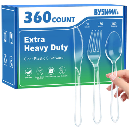 BYSNOW 360 Count Extra Heavy Duty Plastic Silverware, BPA-Free, Heat Resistant, Disposable Clear Plastic Utensils Set, Plastic Cutlery Set, Plasticware Bulk for Parties, Events and Everyday Use