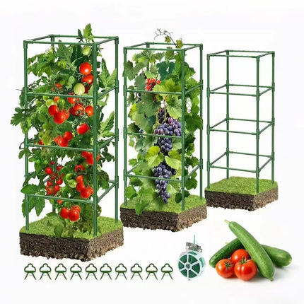 SHCCPPJ 3 Pack Tomato Cages, 42 Inch Heavy Duty Metal Square Tomato Cage for Raised Garden Bed, Rust-Proof Sturdy Tall Tomato Trellis Supports for Climbing Plants Outdoor with Clips Wire