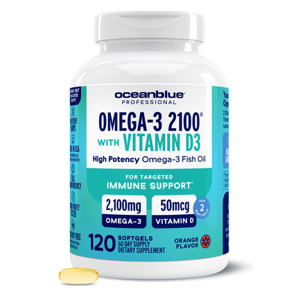 Oceanblue Professional Omega-3 2100 with Vitamin D3 – 120 ct – Triple Strength Burpless Fish Oil Supplement with High-Potency EPA, DHA, DPA and Vitamin D3 – Wild-Caught – Orange Flavor (60 Servings)
