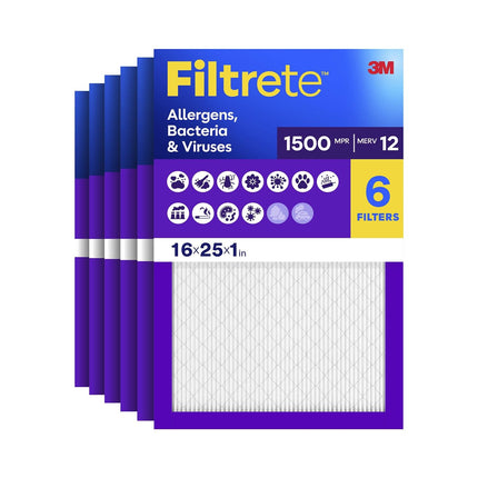Filtrete 16x25x1 Air Filter, MERV 12, MPR 1500, Allergens, Bacteria & Viruses, 3-Month AC and Furnace Filters, Cleaner Air, Reliable Airflow, 6 HVAC Filters (Actual Size 15.62 x 24.62 x 0.78 in)